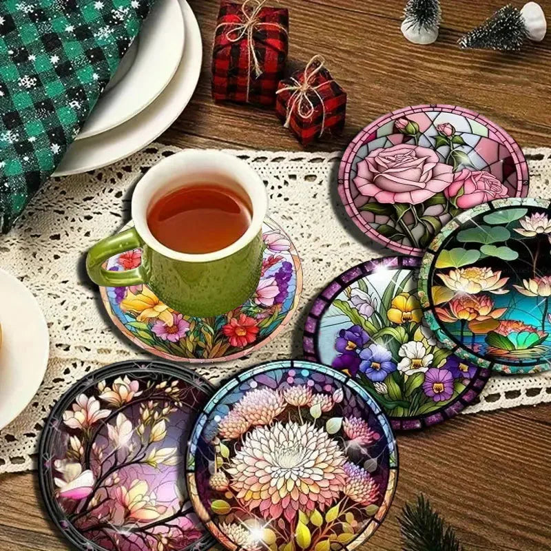 Floral Wooden Drink Coaster Set for Coffee Tables Cafe Style Kitchen Decor and Everyday Entertaining