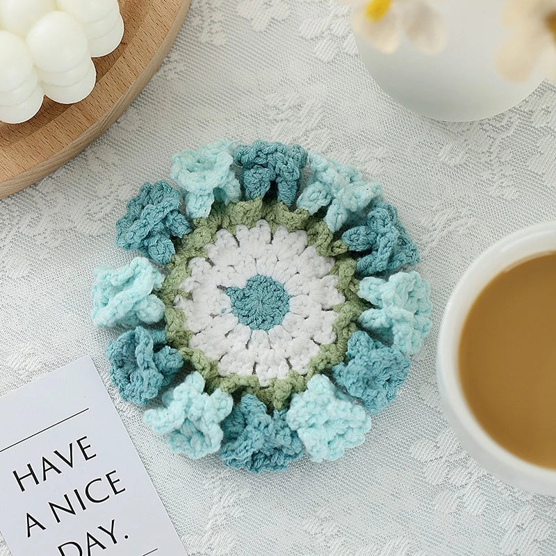 Crochet Rose Flower Drink Coasters for Coffee Tables Handmade Style Floral Kitchen Decor