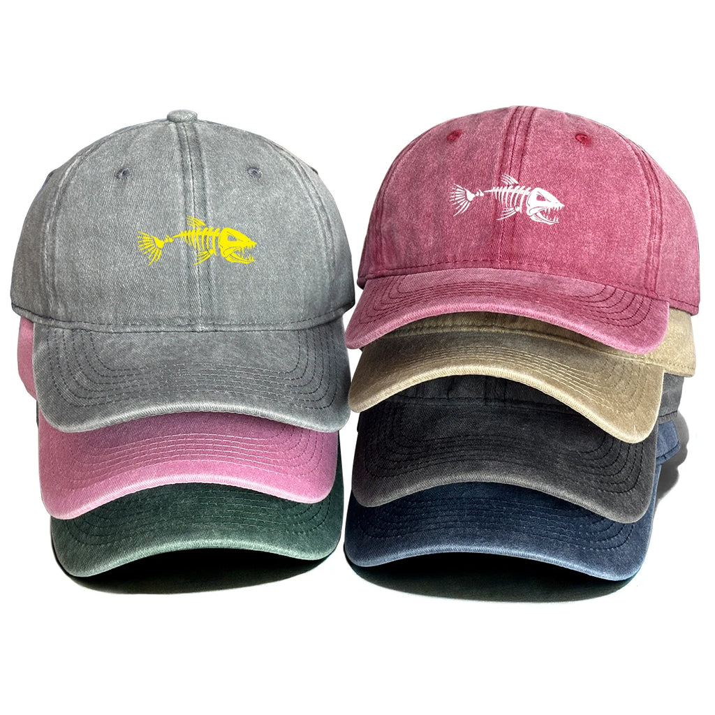 Vintage Washed Fish Skeleton Baseball Cap | Distressed Unisex Snapback Trucker Hat