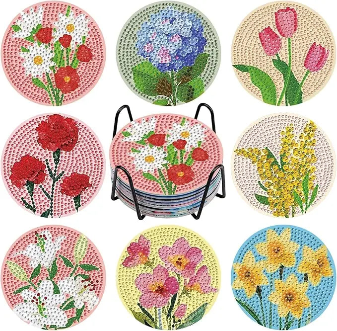 Floral Diamond Painting Coaster Set of 8 with Holder DIY Craft Kit for Creative Table Decor and Gifts