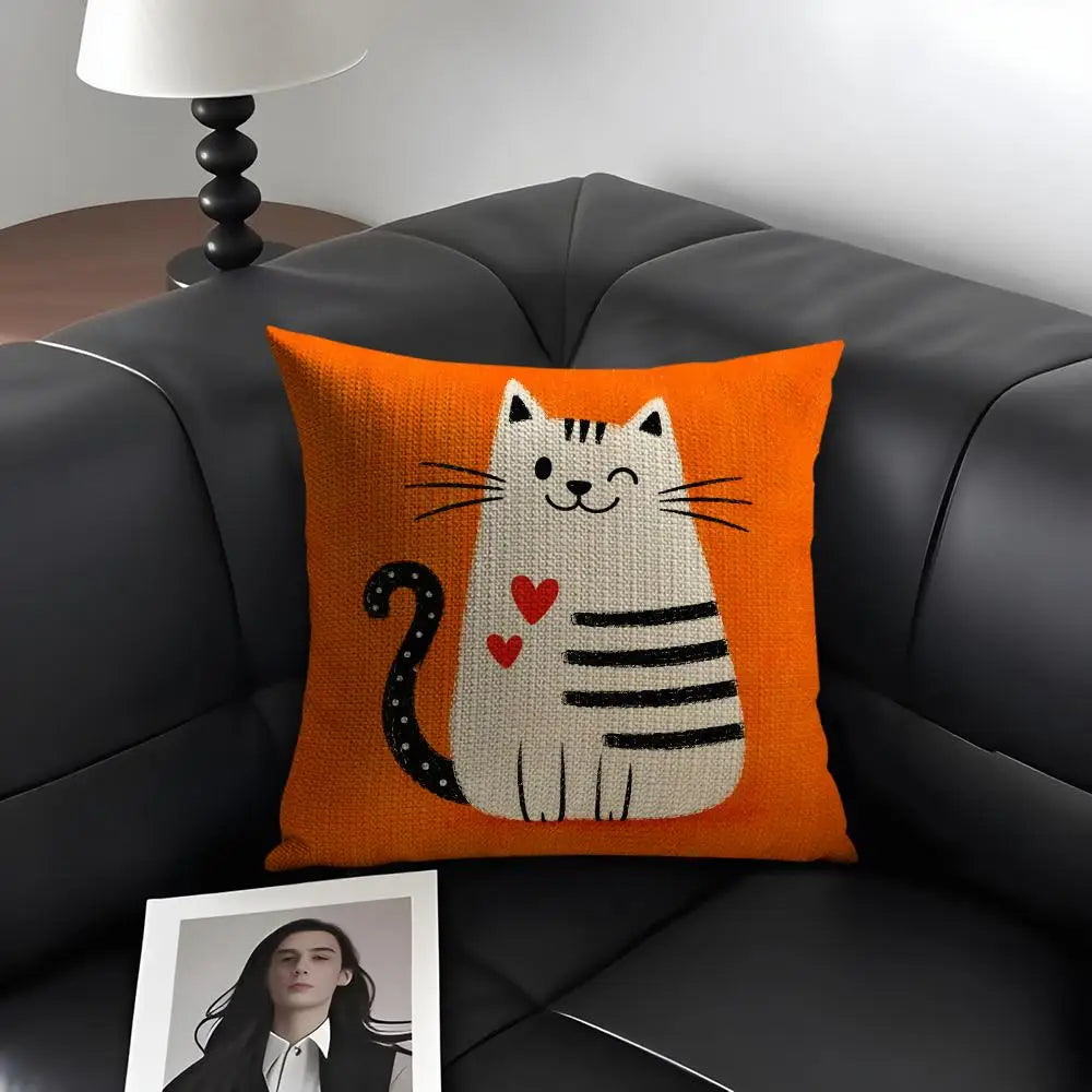 Cartoon Cute Cat Cushion Cover Natural Linen Organic Fabric Double Sided Print Sofa Pillow Case Home Decor Gift