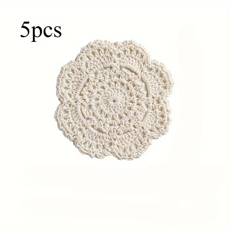 Vintage Floral Crochet Style Coaster Set of 5 for Coffee Tables Kitchen Decor and Housewarming Gifts