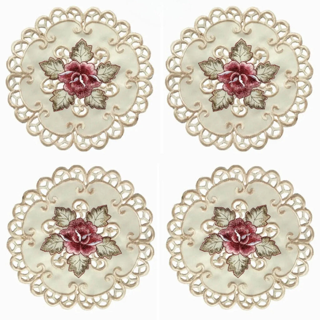 Floral Embroidered Satin Table Mats Set of 4, 20 cm Round Fabric Accents for Tea Tables, Dessert Plates and Cozy Dining