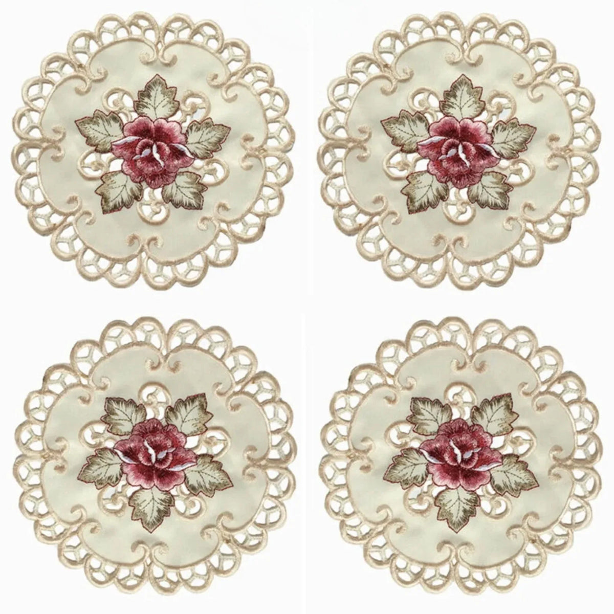 Floral Embroidered Satin Table Mats Set of 4, 20 cm Round Fabric Accents for Tea Tables, Dessert Plates and Cozy Dining