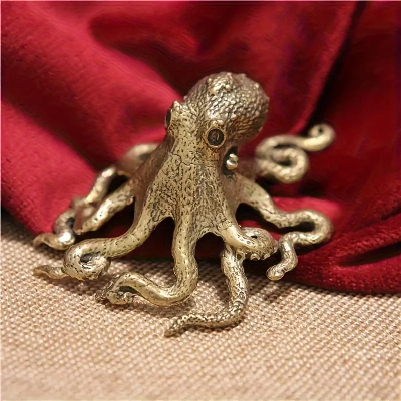 Vintage Octopus Desk Figurine, Brass-Tone Miniature Sea Life Sculpture for Bookshelves, Home Office and Tabletop Decor