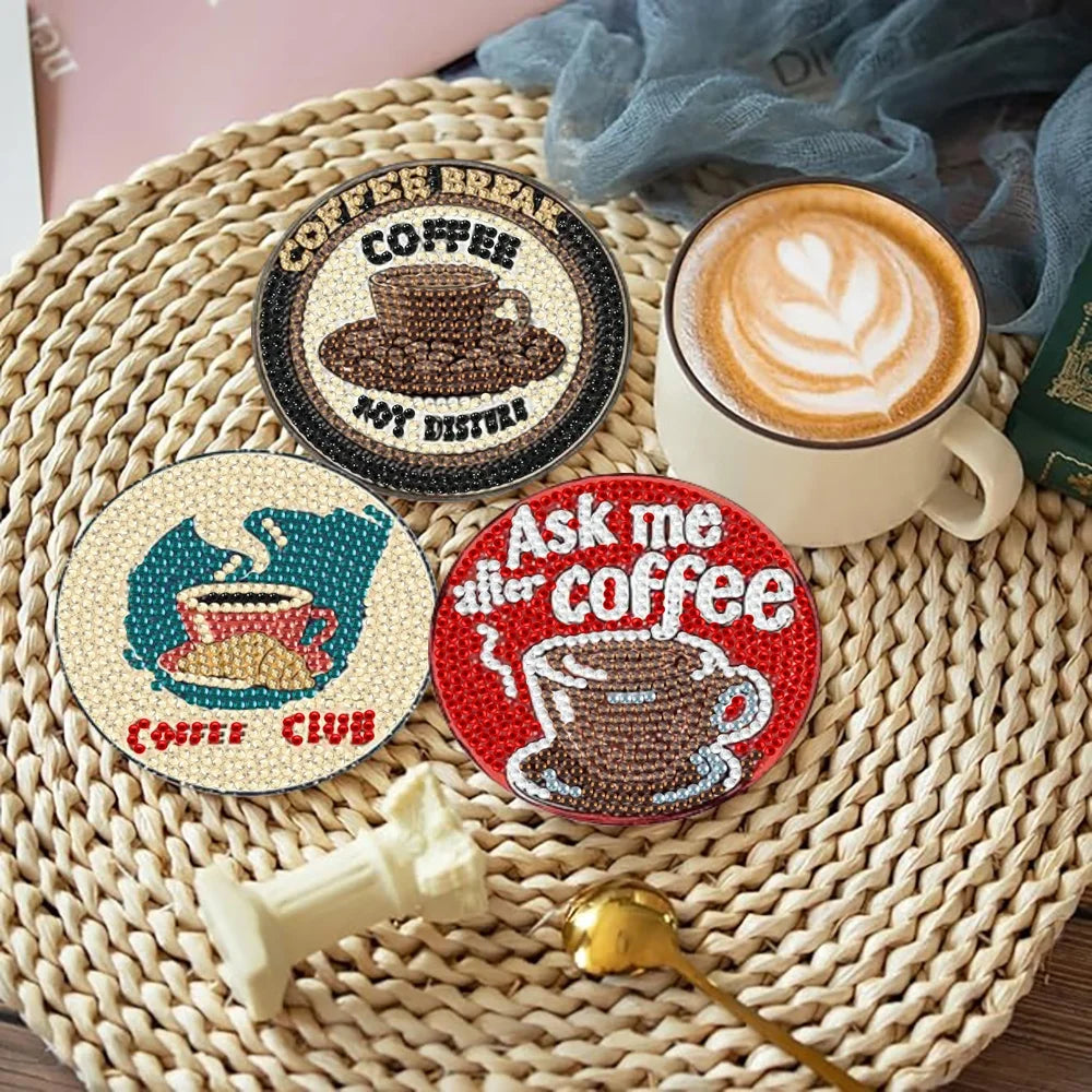 Coffee Pattern Diamond Painting Coaster DIY Kit of 8 with Holder, 9.7 cm Creative Drink Mats for Coffee Lovers and Craft Gifts