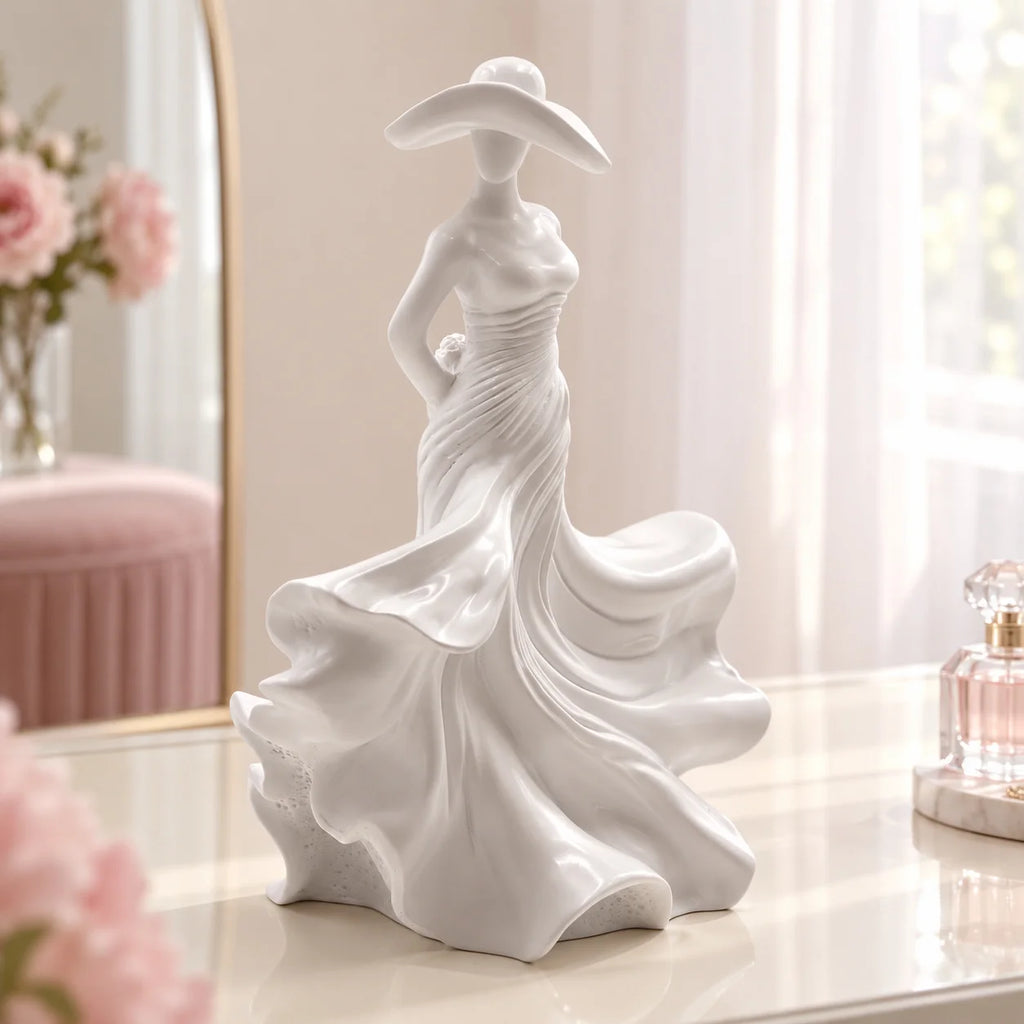 White Lady Resin Sculpture with Wide Brim Hat, Elegant Figurine for Desk, Shelf and Living Room Decor, Two Styles