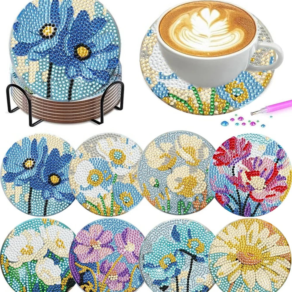 Floral Diamond Painting Coaster Set of 8 with Holder DIY Craft Kit for Creative Table Decor and Gifts