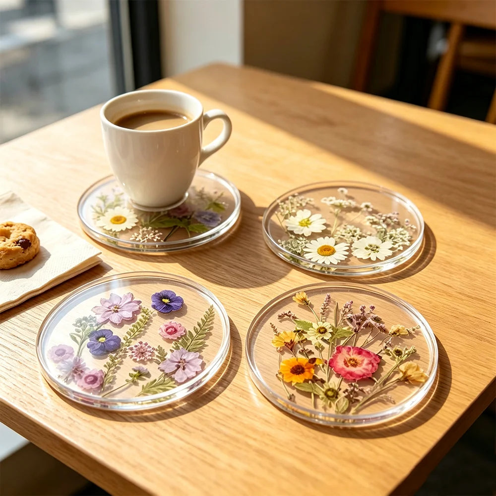 Clear Floral Acrylic Drink Coaster Set for Coffee Tables Wedding Decor and Everyday Entertaining