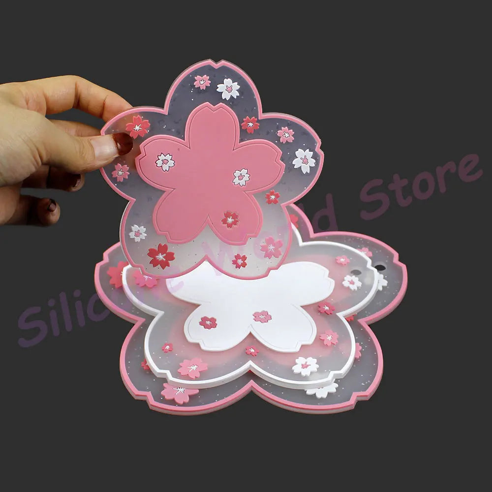 Sakura and Daisy Floral PVC Drink Coaster | Soft Flower Cup Mat in Pink White or Blue for Cheerful Tables