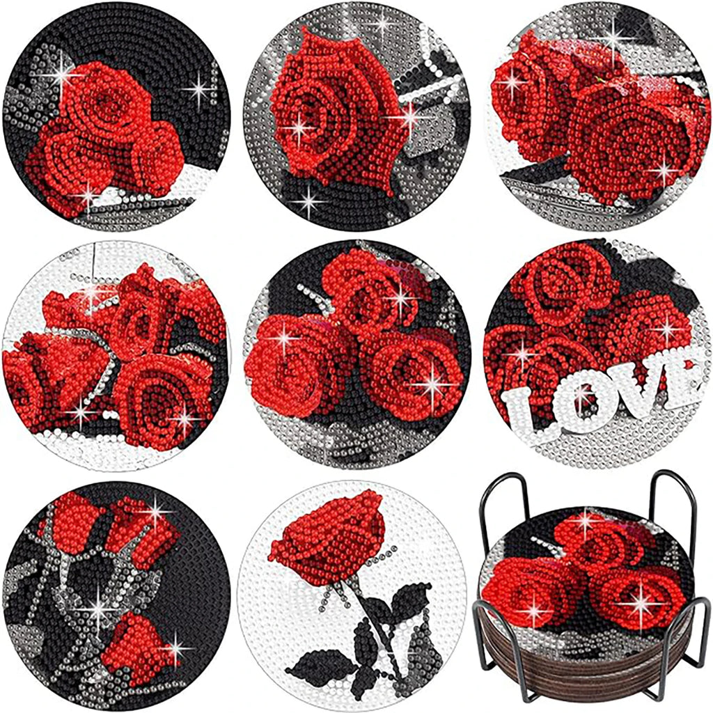 Floral Diamond Painting Coaster Set of 8 with Holder DIY Craft Kit for Creative Table Decor and Gifts