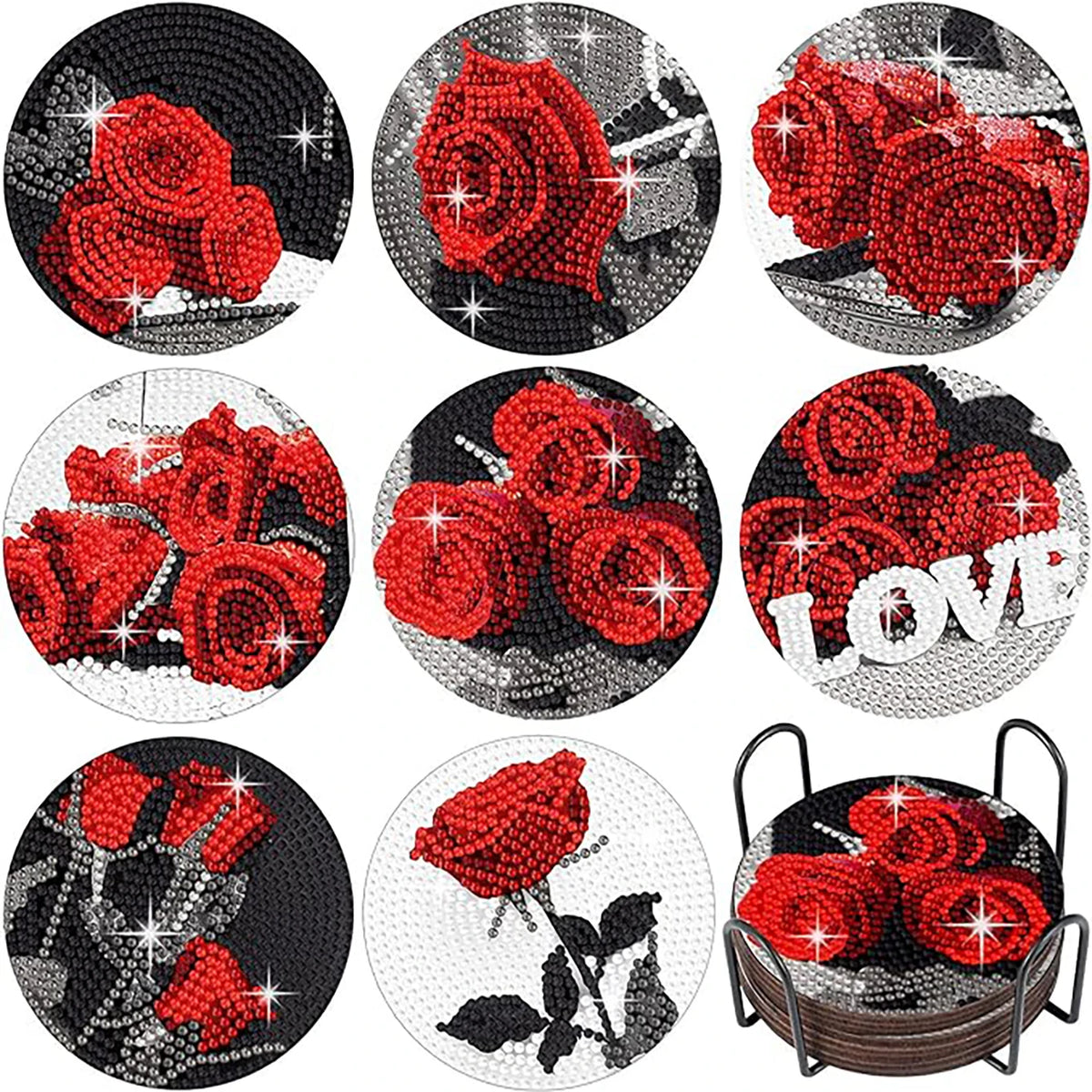 Floral Diamond Painting Coaster Set of 8 with Holder DIY Craft Kit for Creative Table Decor and Gifts
