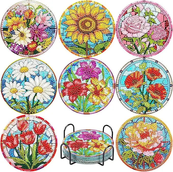 Floral Diamond Painting Coaster Set of 8 with Holder DIY Craft Kit for Creative Table Decor and Gifts