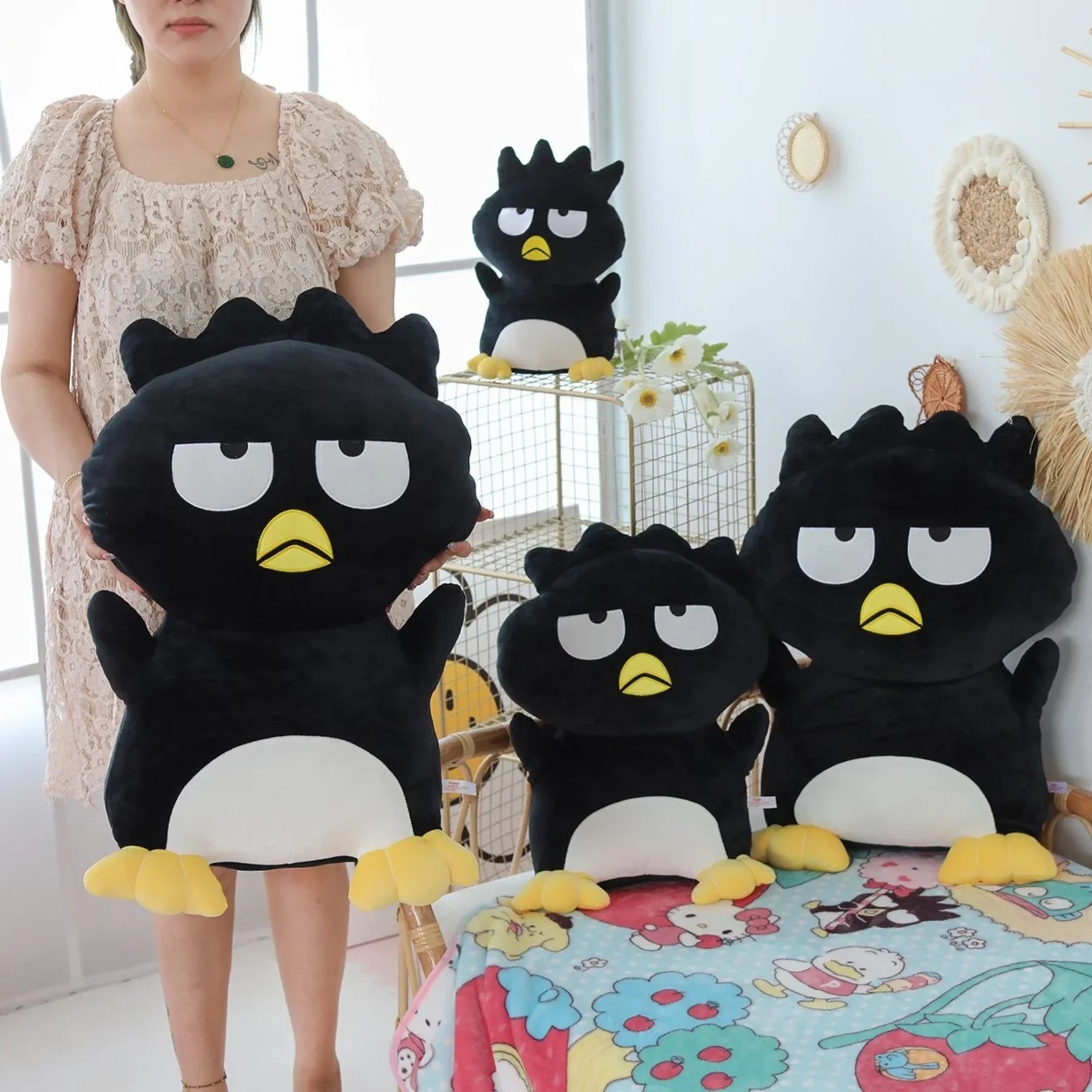 20cm Black Penguin Plush Toy - Cute Grumpy Stuffed Animal with Healing Quotes, Soft Kawaii Plushie for Anxiety Relief & Room Decor