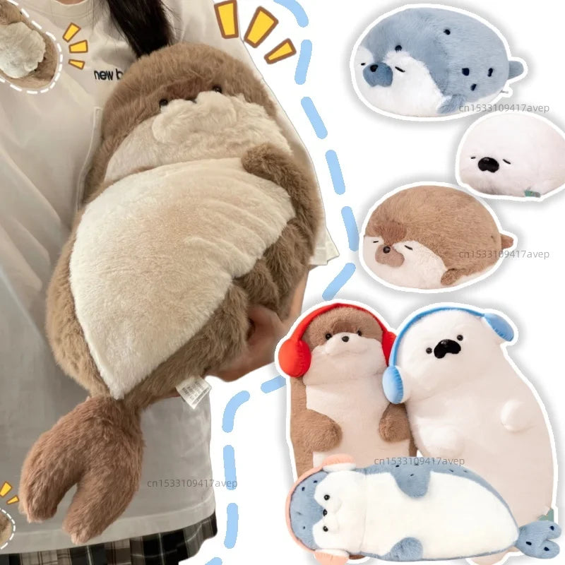 High Quality Cartoon Earphone Seal Sea Otter Plush Toy Ball Round Cushion Throw Pillow for Kids Birthday Gift School Nap Sleep
