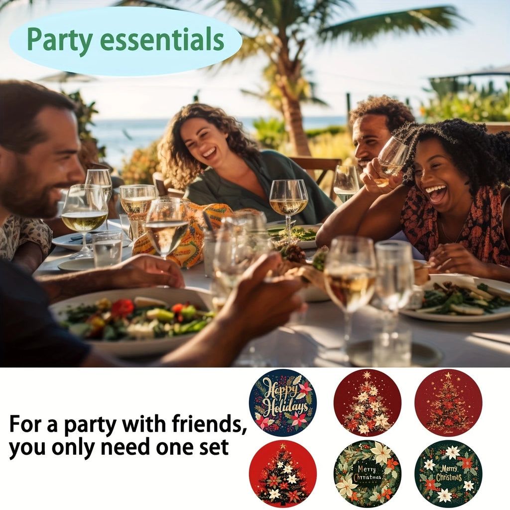 Colorful Christmas Tree Wooden Coaster Set of 6, 10 cm Printed Holiday Drink Mats for Festive Coffee Tables and Tea Cups