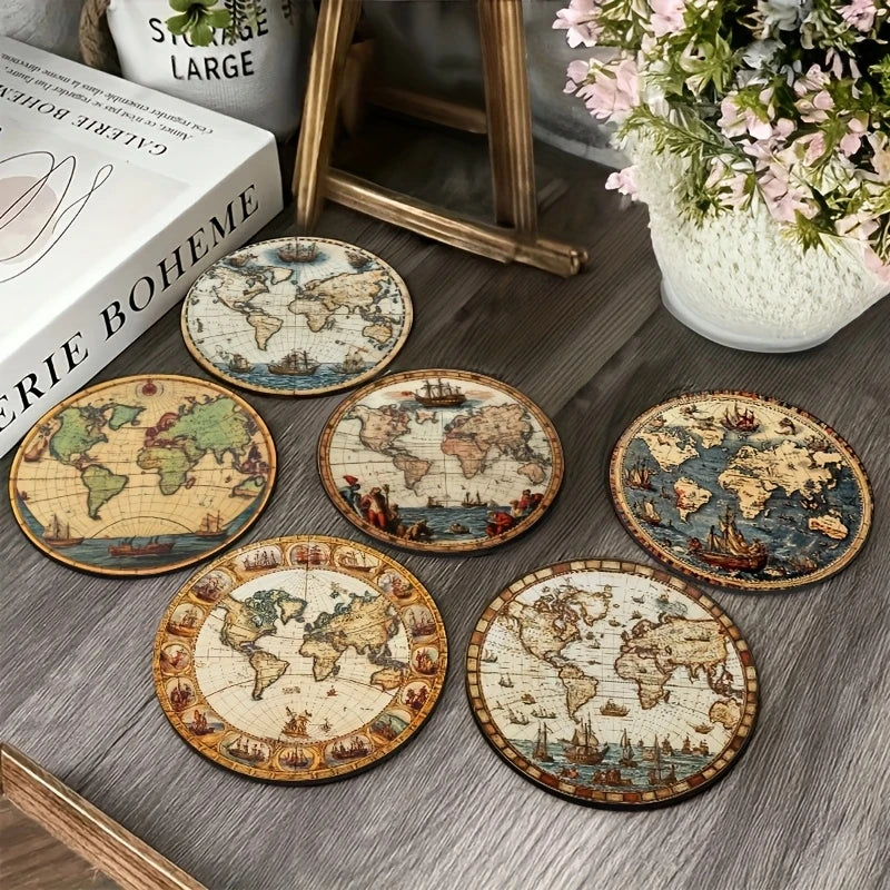 Retro World Map Wooden Coaster Set of 6, 10 cm Printed Round Drink Mats for Coffee Tables, Tea Cups and Travel Inspired Decor