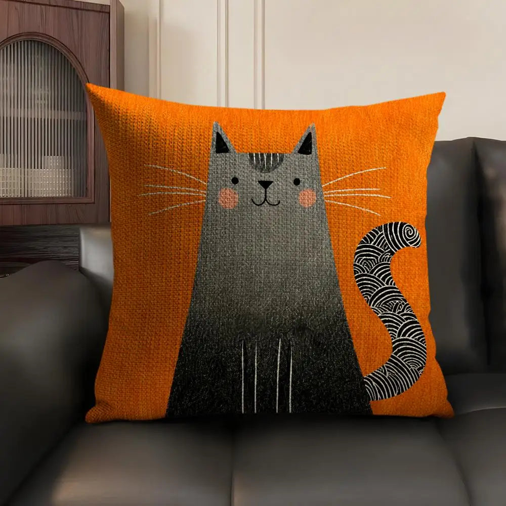 Cartoon Cute Cat Cushion Cover Natural Linen Organic Fabric Double Sided Print Sofa Pillow Case Home Decor Gift