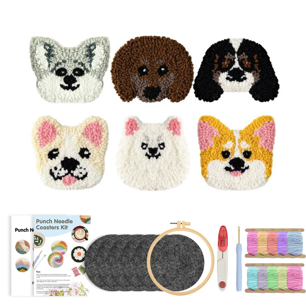 Cute Dog Punch Needle Coaster Craft Kit for Beginners Handmade Animal Mug Rugs and Gifts