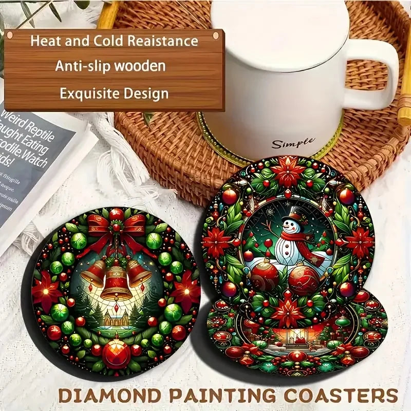 Christmas Pattern Wooden Coaster Set of 6, 10 cm Festive Drink Mats for Holiday Coffee Tables, Tea Cups and Home Gatherings