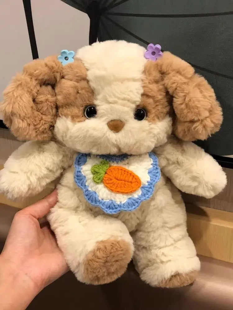 Kawaii Soft Dog Plush Stuffed Animal With Bib Knit Dog Comfortable Quality Soft Stuffed Animal Accompany Boy And Girl Sleep