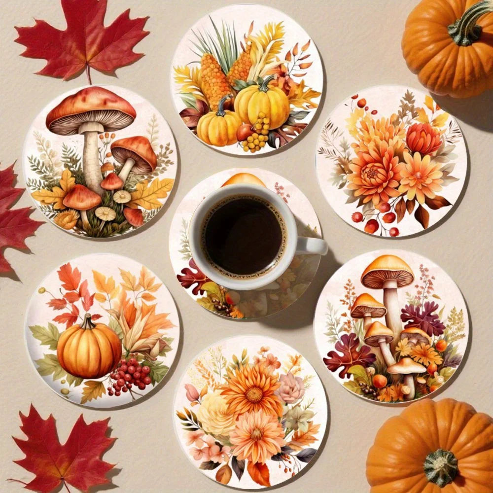 Autumn Pumpkin Leaf Wooden Coaster Set of 6, 10 cm Printed Fall Drink Mats for Coffee Tables, Tea Cups and Seasonal Decor