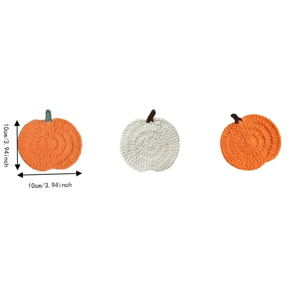 Crocheted Pumpkin Drink Coasters, Set of 6 Yarn Cup Mats in Autumn Colorways for Coffee Tables and Halloween Gatherings