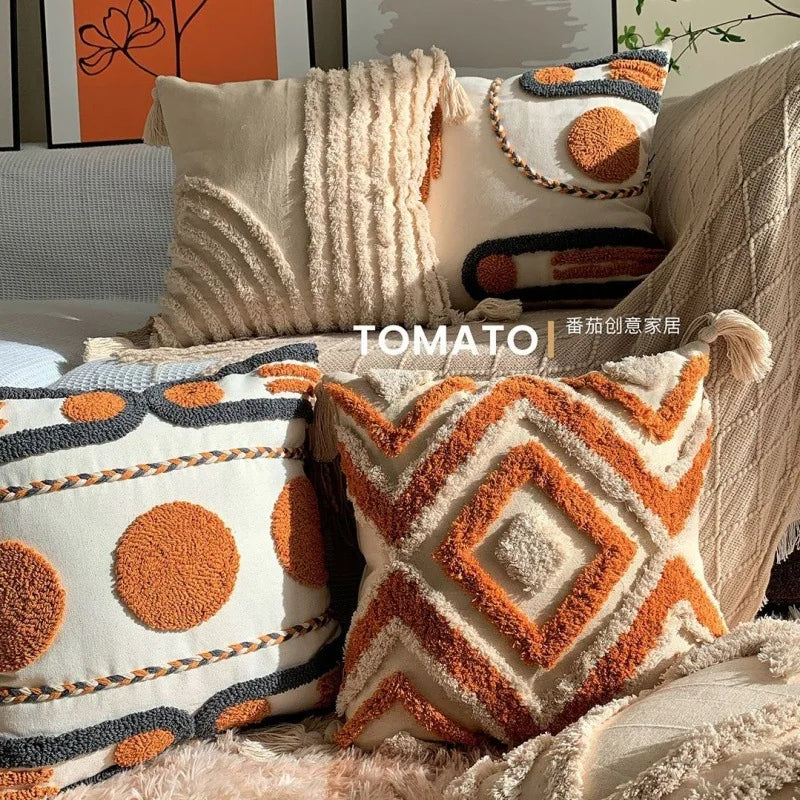 Woven Geometry Embroidered Pillow Cover – Boho Accent