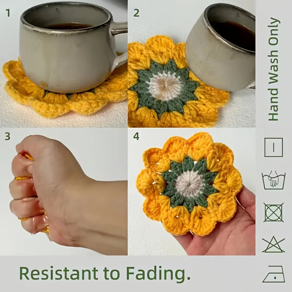 Boho Floral Crochet Style Coaster Set of 3 for Coffee Tables Kitchen Decor and Housewarming Gifts