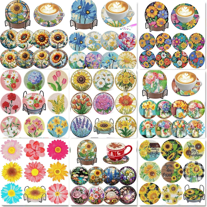 Floral Diamond Painting Coaster Set of 8 with Holder DIY Craft Kit for Creative Table Decor and Gifts