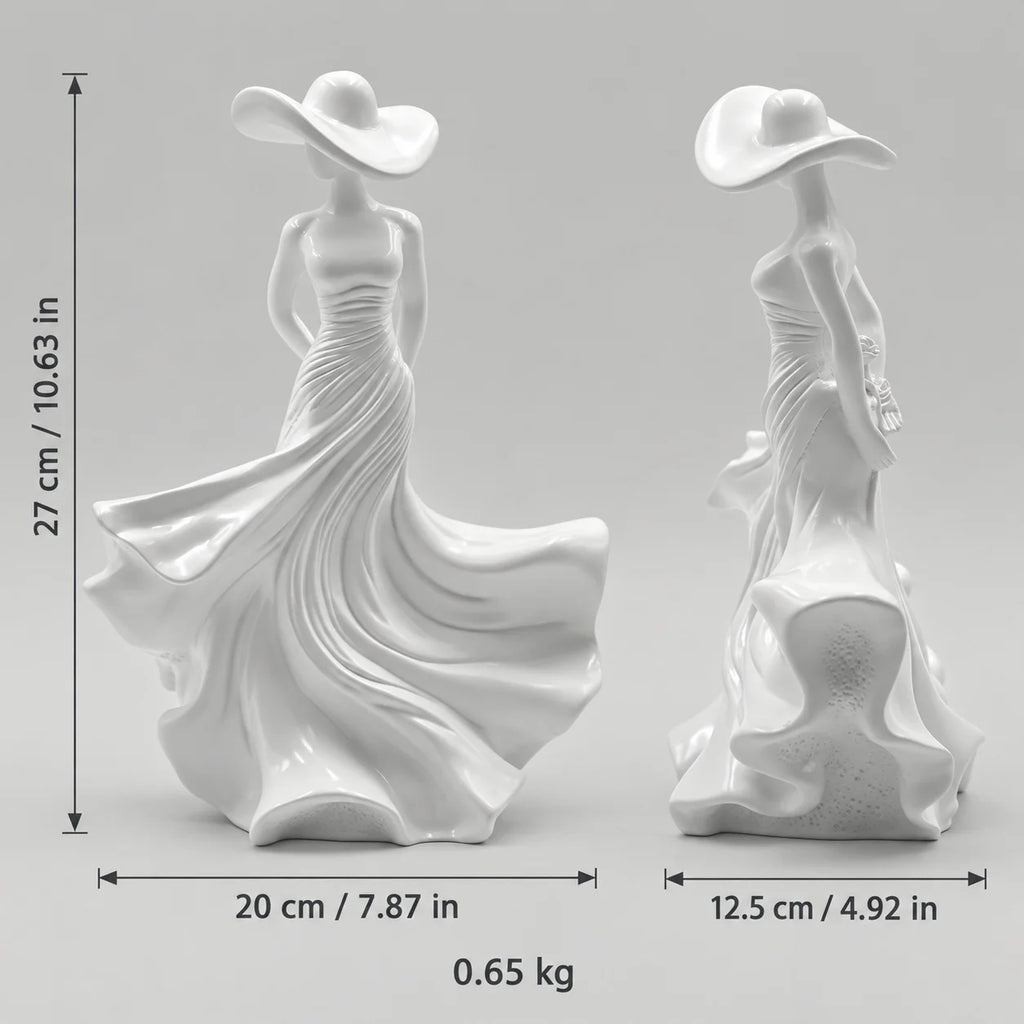 White Lady Resin Sculpture with Wide Brim Hat, Elegant Figurine for Desk, Shelf and Living Room Decor, Two Styles