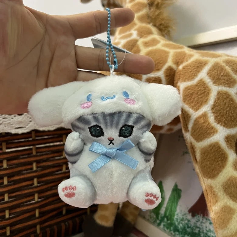 “12cm Sanrio-Style Transforming Cat Plush Toys - Cute Costume Cat Stuffed Animals, Mini Plush Keychain/Backpack Pendant for Kids & Kawaii Lovers”