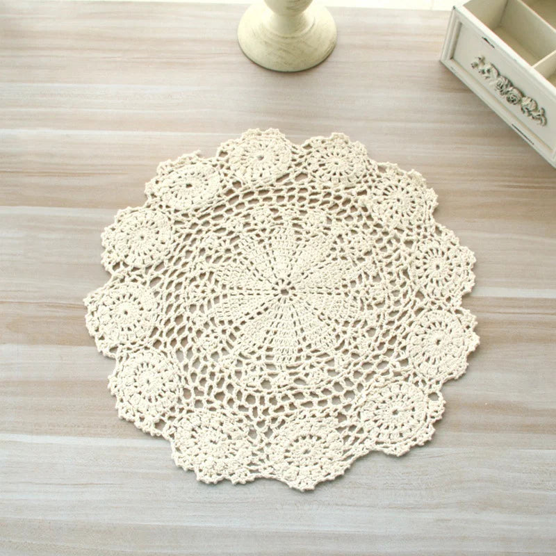 Hand Crocheted Cotton Lace Table Mat | Vintage Round Doily in Beige or White for Coffee Cups and Dining Decor