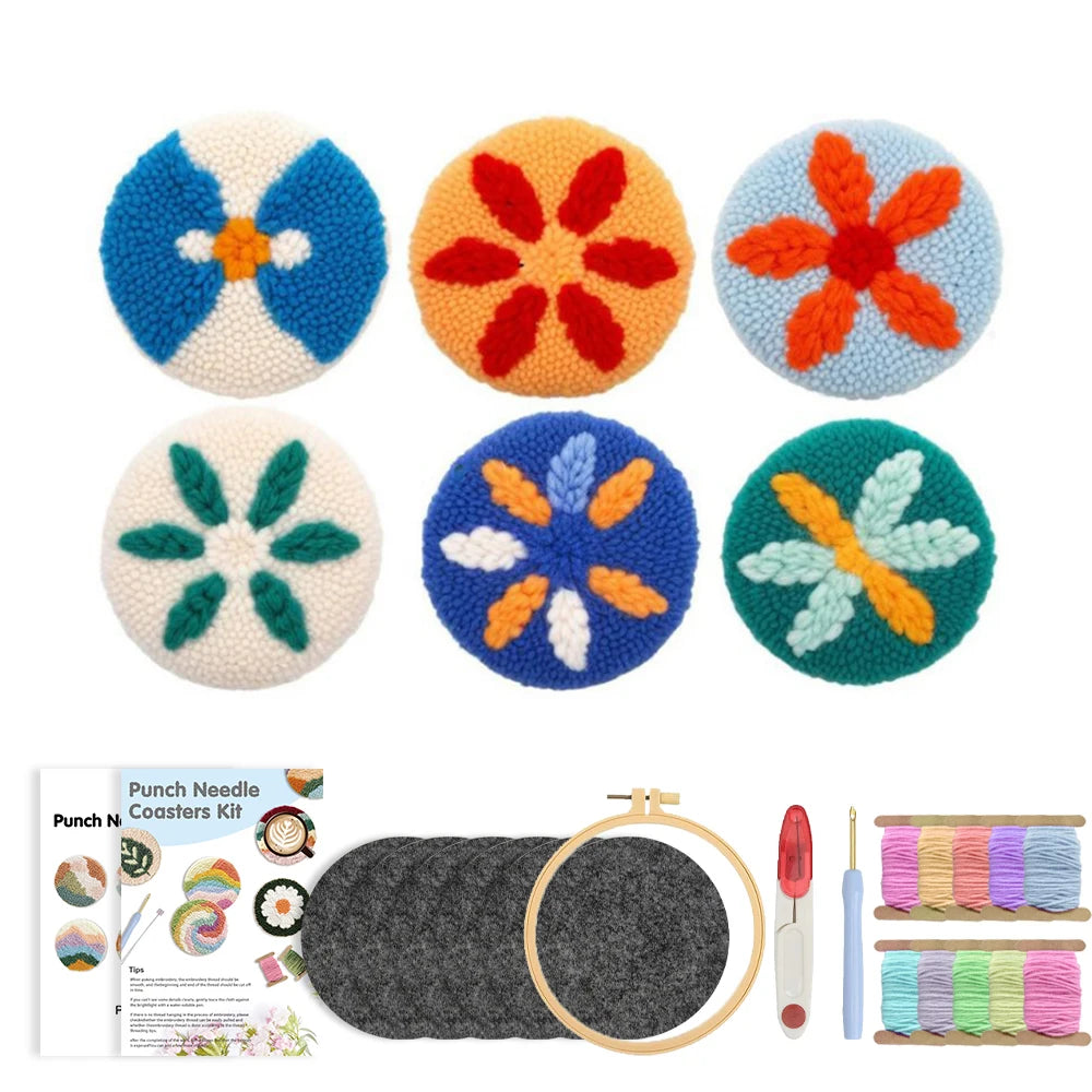 Flower Pattern Punch Needle Coaster Craft Kit for Beginners Tufted Mug Rugs and Creative Gifts