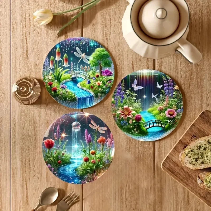 Dreamy Landscape Wooden Coaster Set of 6, 10 cm Printed Scenic Drink Mats for Coffee Tables, Tea Cups and Quiet Home Decor