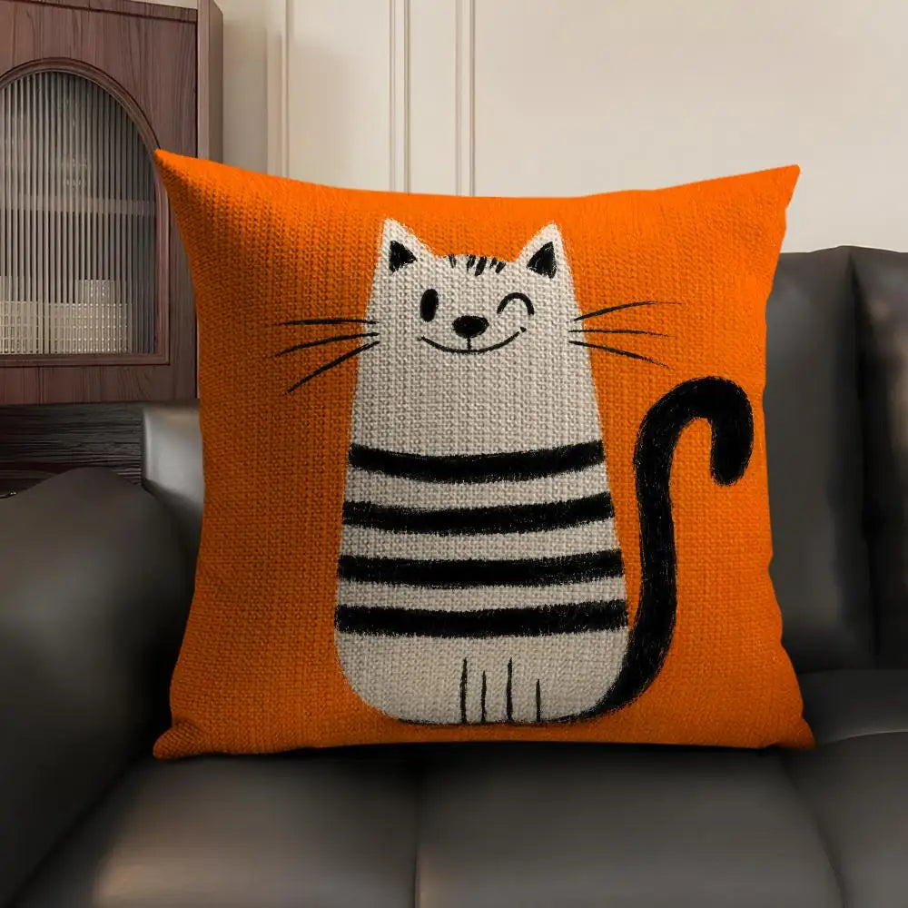 Cartoon Cute Cat Cushion Cover Natural Linen Organic Fabric Double Sided Print Sofa Pillow Case Home Decor Gift