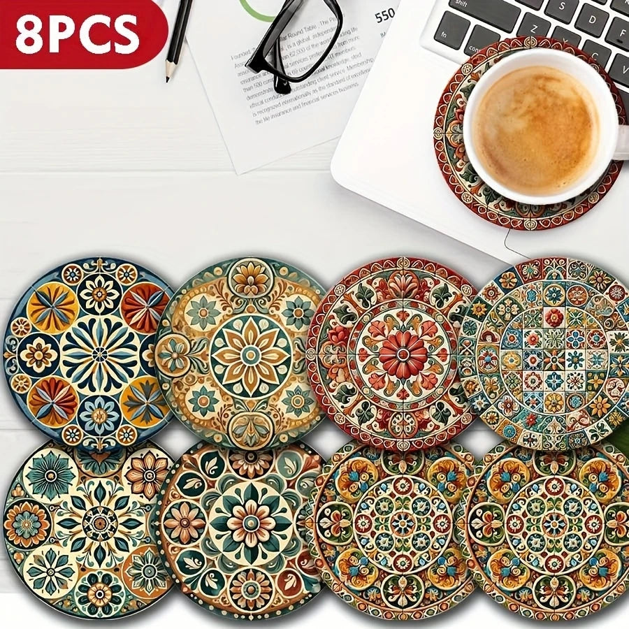 Moroccan Mandorla Wooden Coaster Set of 8, Botanical-Inspired Round Cup Mats for Coffee Tables and Everyday Dining