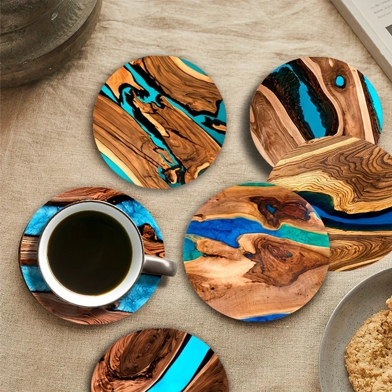 Blue and Green Printed Wooden Coaster Set of 6, 10 cm Drink Mats for Coffee Tables, Tea Cups and Calm Home Decor