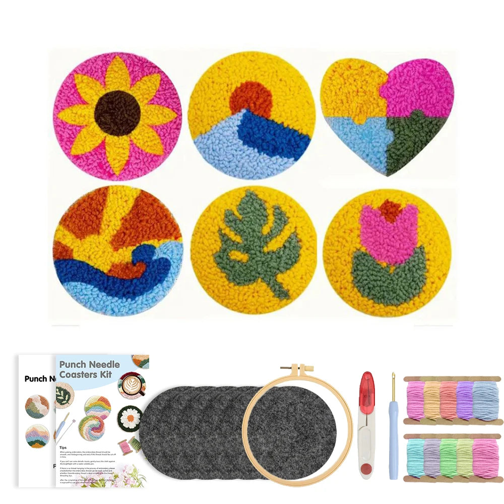 Flower Pattern Punch Needle Coaster Craft Kit for Beginners Tufted Mug Rugs and Creative Gifts