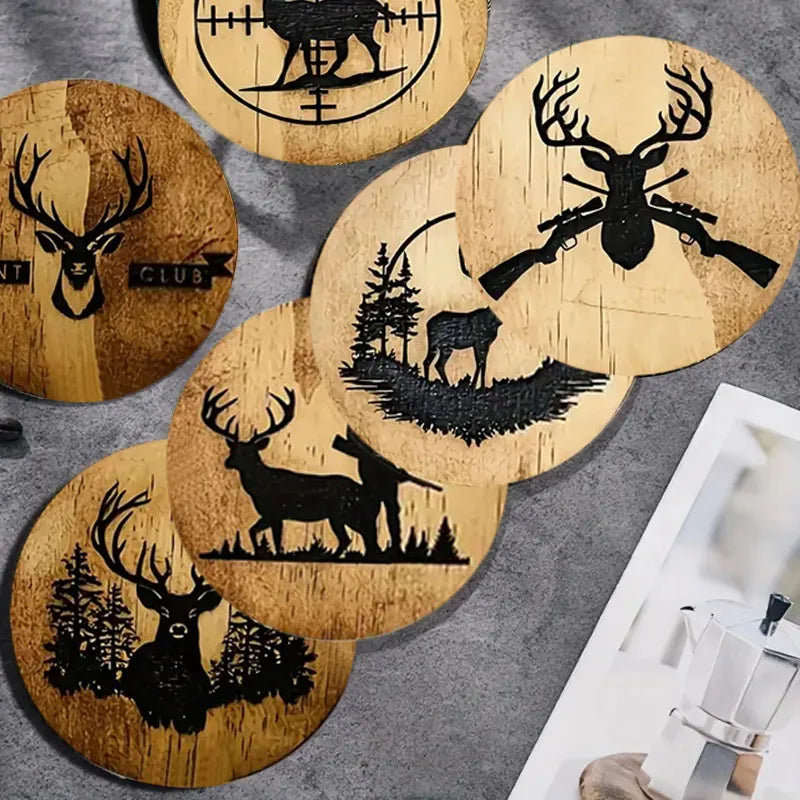 Deer Pattern Wooden Coaster Set of 6, Round Drink Cup Mats for Cozy Coffee Tables, Winter Hosting and Everyday Dining