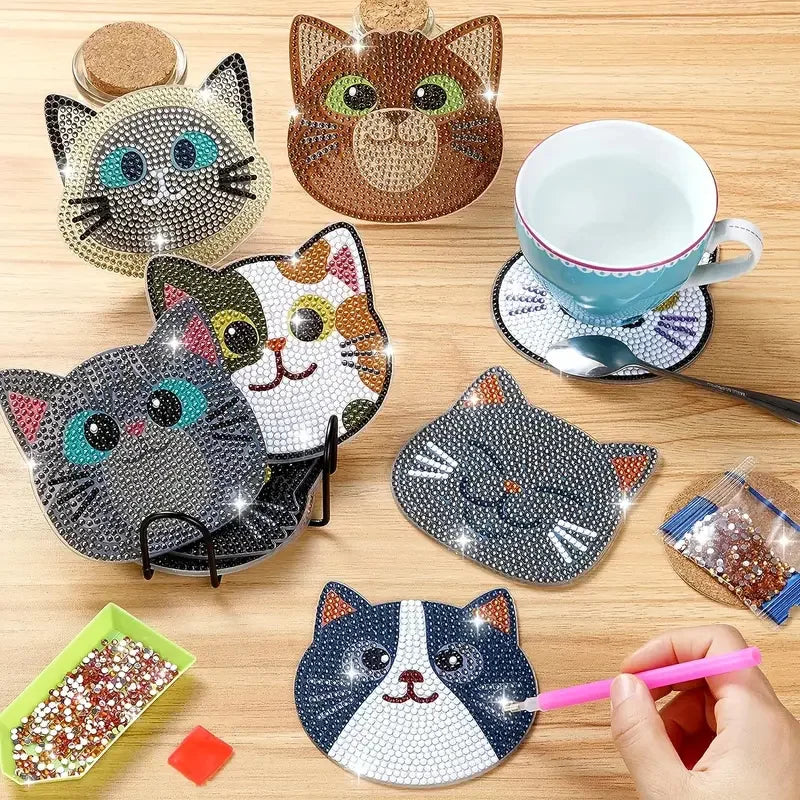 Cute Cat DIY Diamond Painting Coaster Kit Set of 10 | Colorful Round Mosaic Cup Mats for Craft Lovers