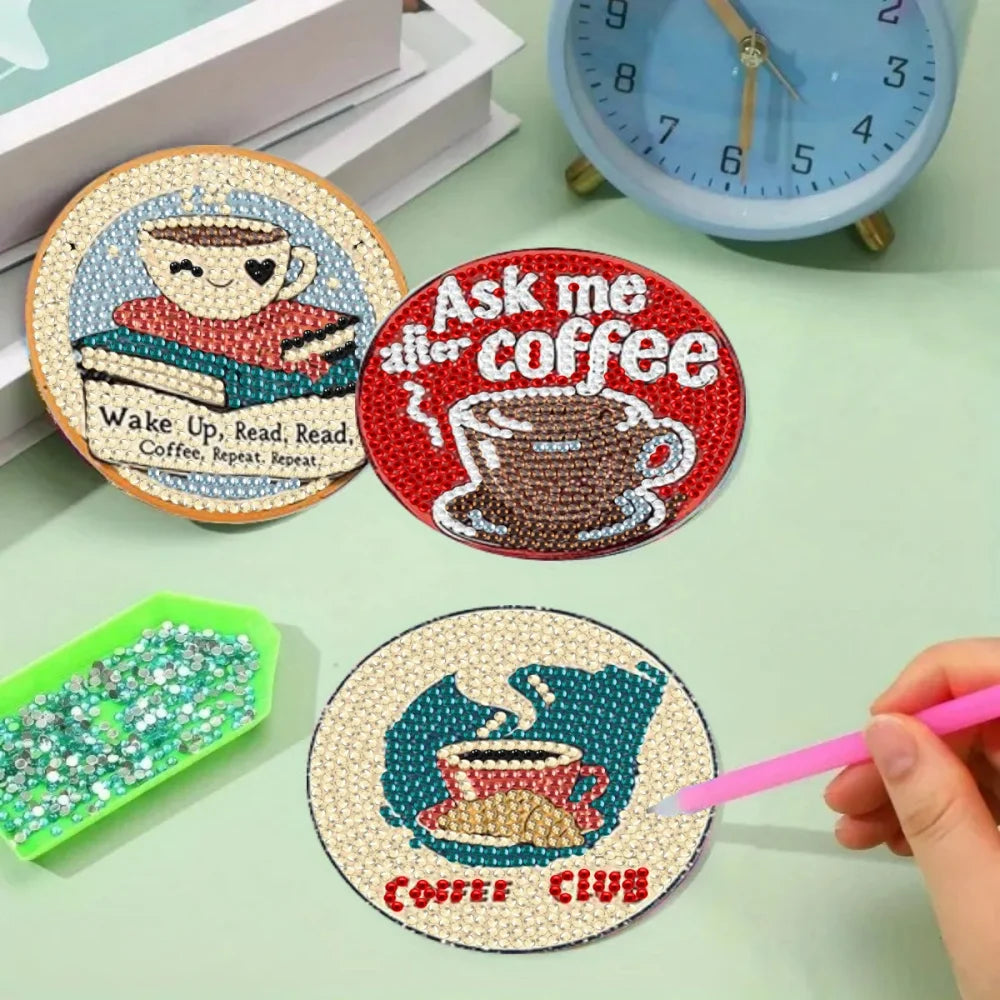 Coffee Pattern Diamond Painting Coaster DIY Kit of 8 with Holder, 9.7 cm Creative Drink Mats for Coffee Lovers and Craft Gifts