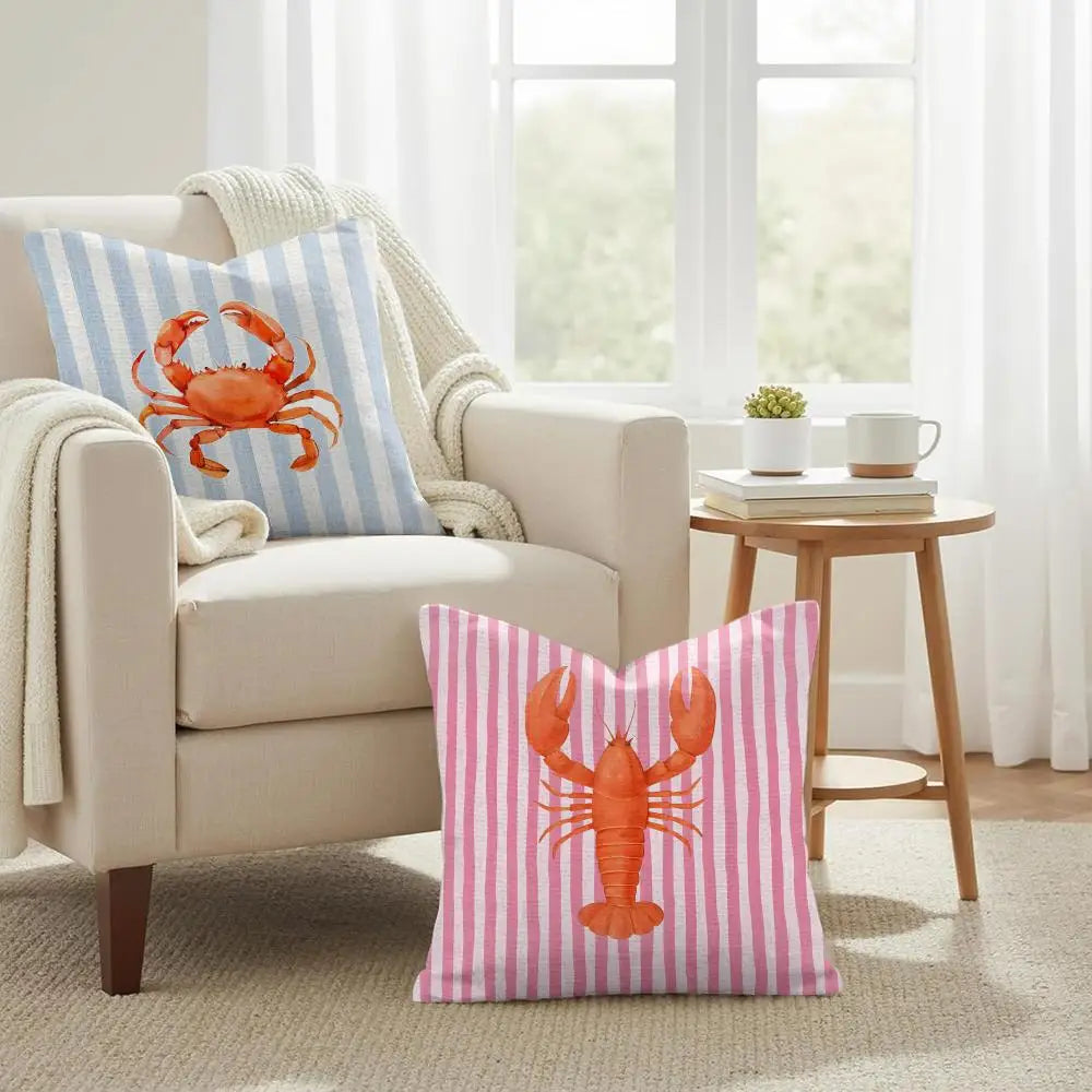 Ocean Life Theme Striped Cushion Cover Organic Linen Pillow Case Double-Sided Print Cushion Cover for Sofa Home Decor Gift