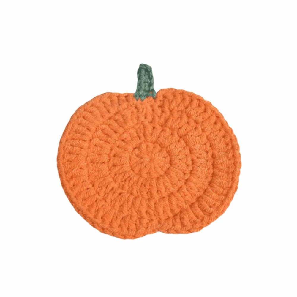 Crocheted Pumpkin Drink Coasters, Set of 6 Yarn Cup Mats in Autumn Colorways for Coffee Tables and Halloween Gatherings