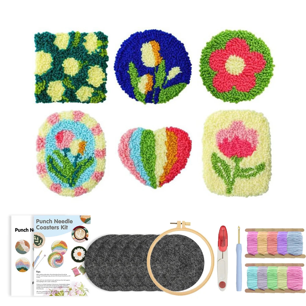 Flower Pattern Punch Needle Coaster Craft Kit for Beginners Tufted Mug Rugs and Creative Gifts
