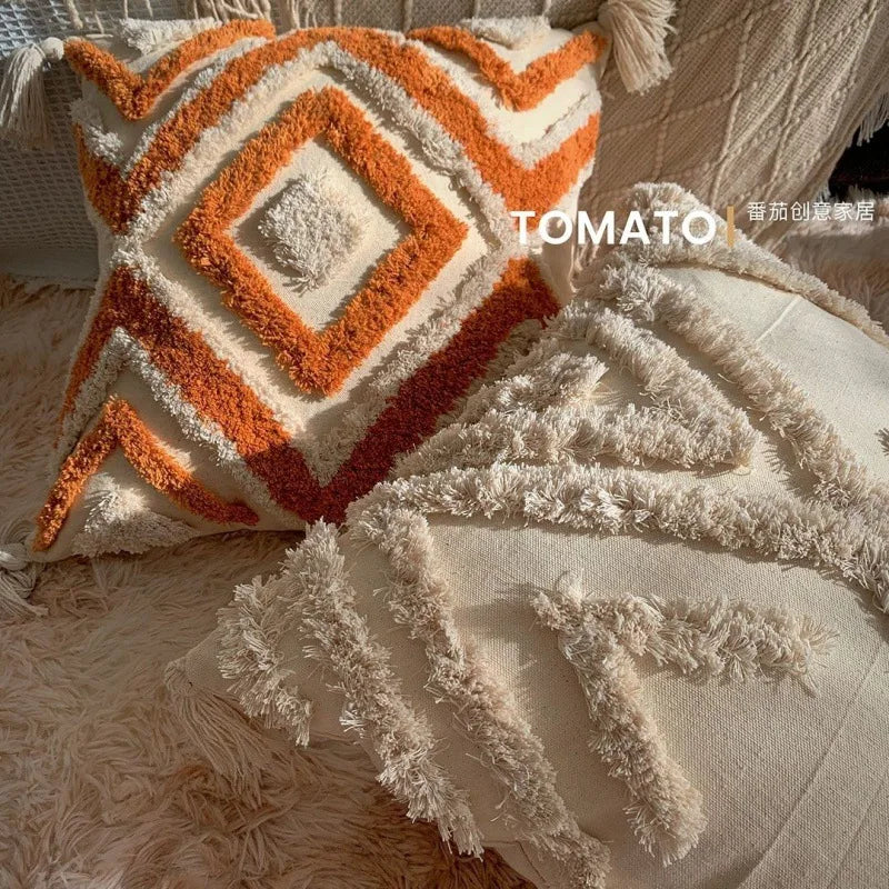 Woven Geometry Embroidered Pillow Cover – Boho Accent