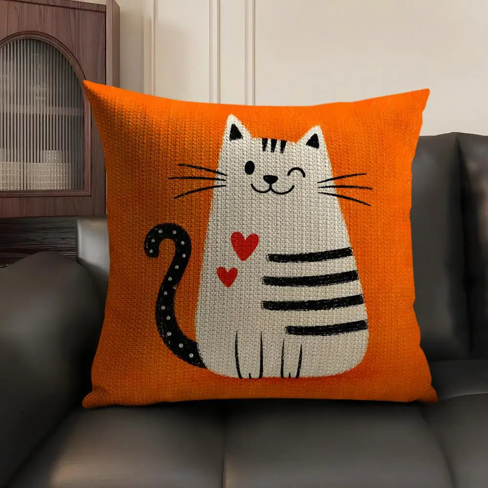 Cartoon Cute Cat Cushion Cover Natural Linen Organic Fabric Double Sided Print Sofa Pillow Case Home Decor Gift