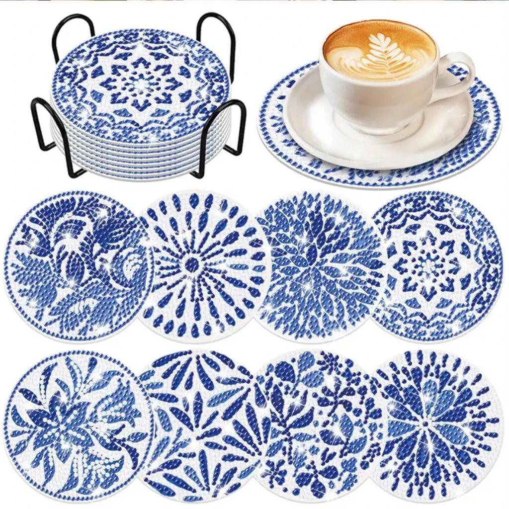 Blue and White Porcelain Diamond Painting Drink Coaster Set with Holder for DIY Craft Lovers