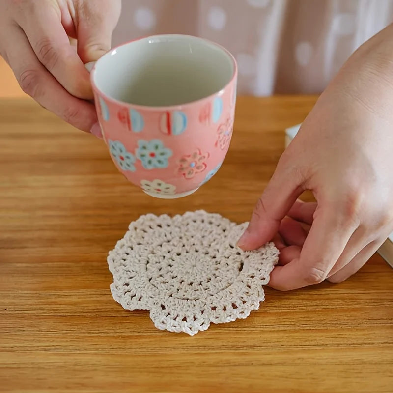Vintage Floral Crochet Style Coaster Set of 5 for Coffee Tables Kitchen Decor and Housewarming Gifts