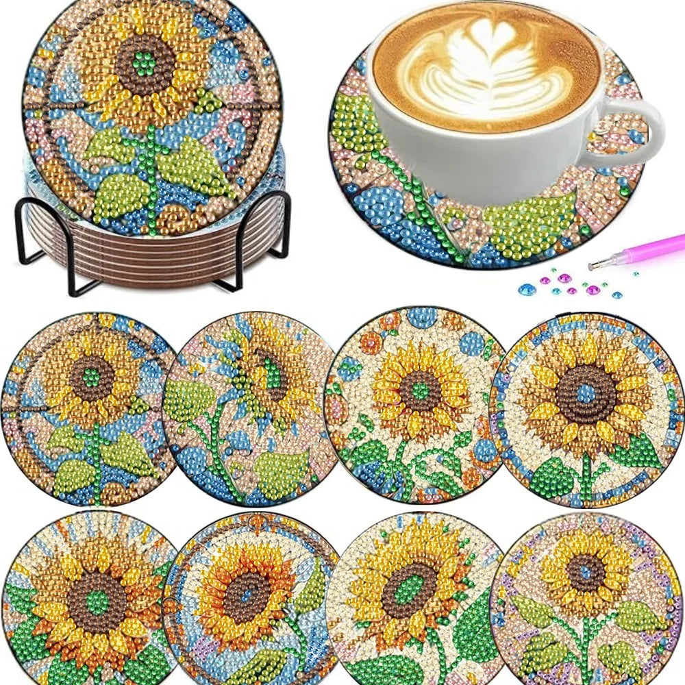 Floral Diamond Painting Coaster Set of 8 with Holder DIY Craft Kit for Creative Table Decor and Gifts